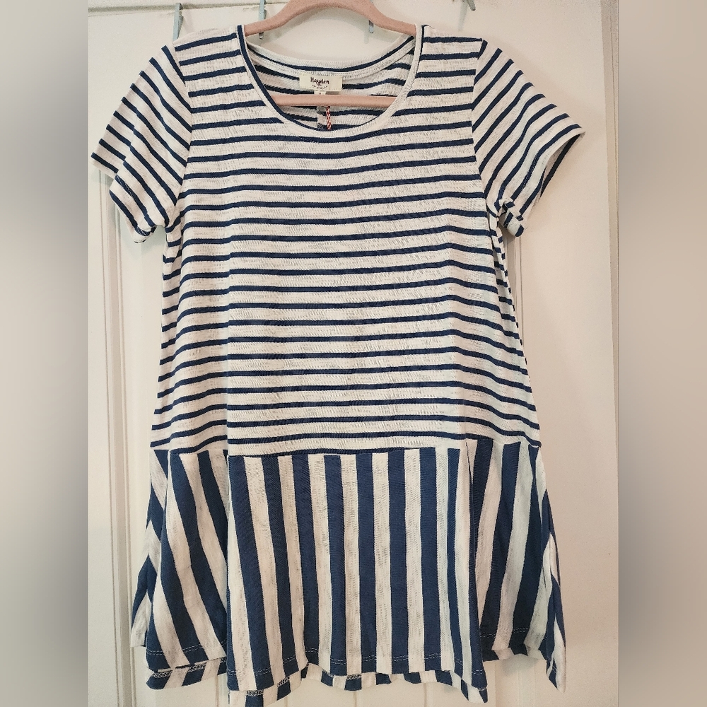 Hayden NWT Navy and White Striped Babydoll Dress Summer Cool Small Lightweight